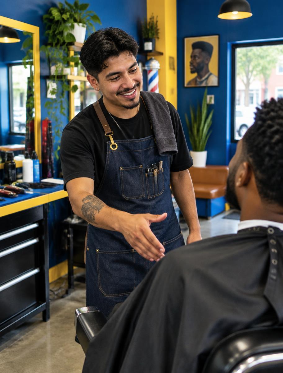 Barber welcoming a client in his shop