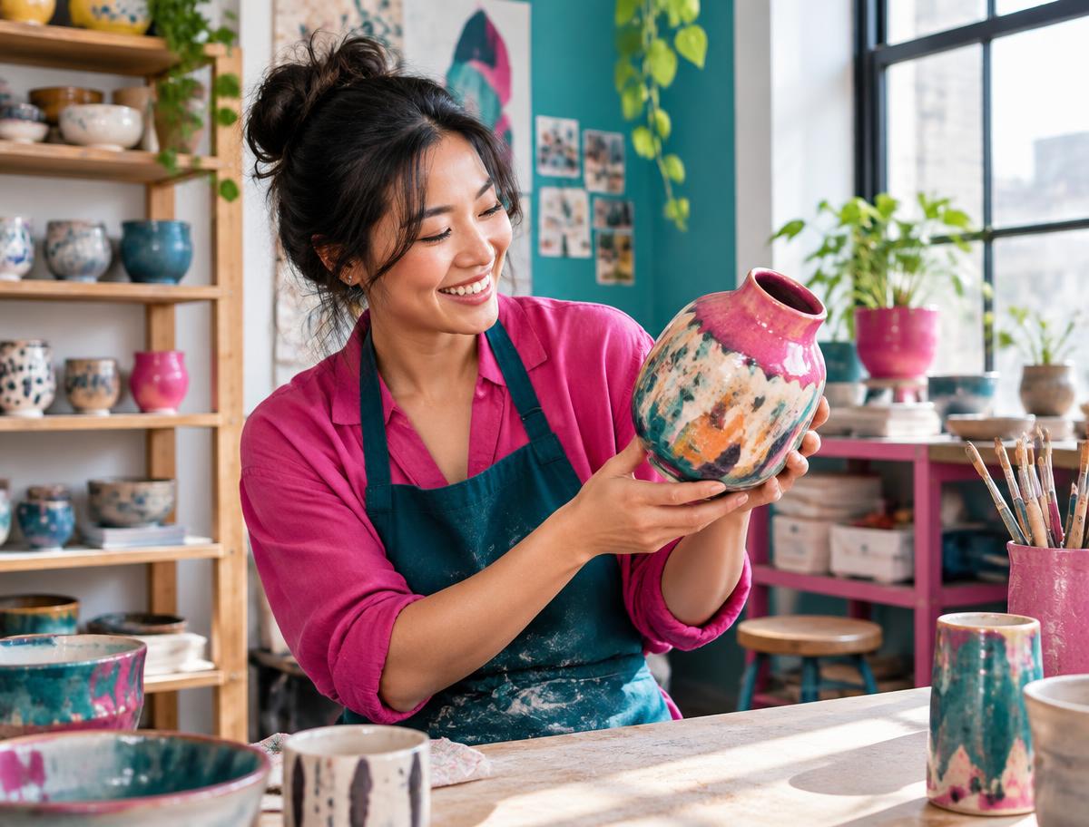 Ceramic artist holding a colorful finished vase