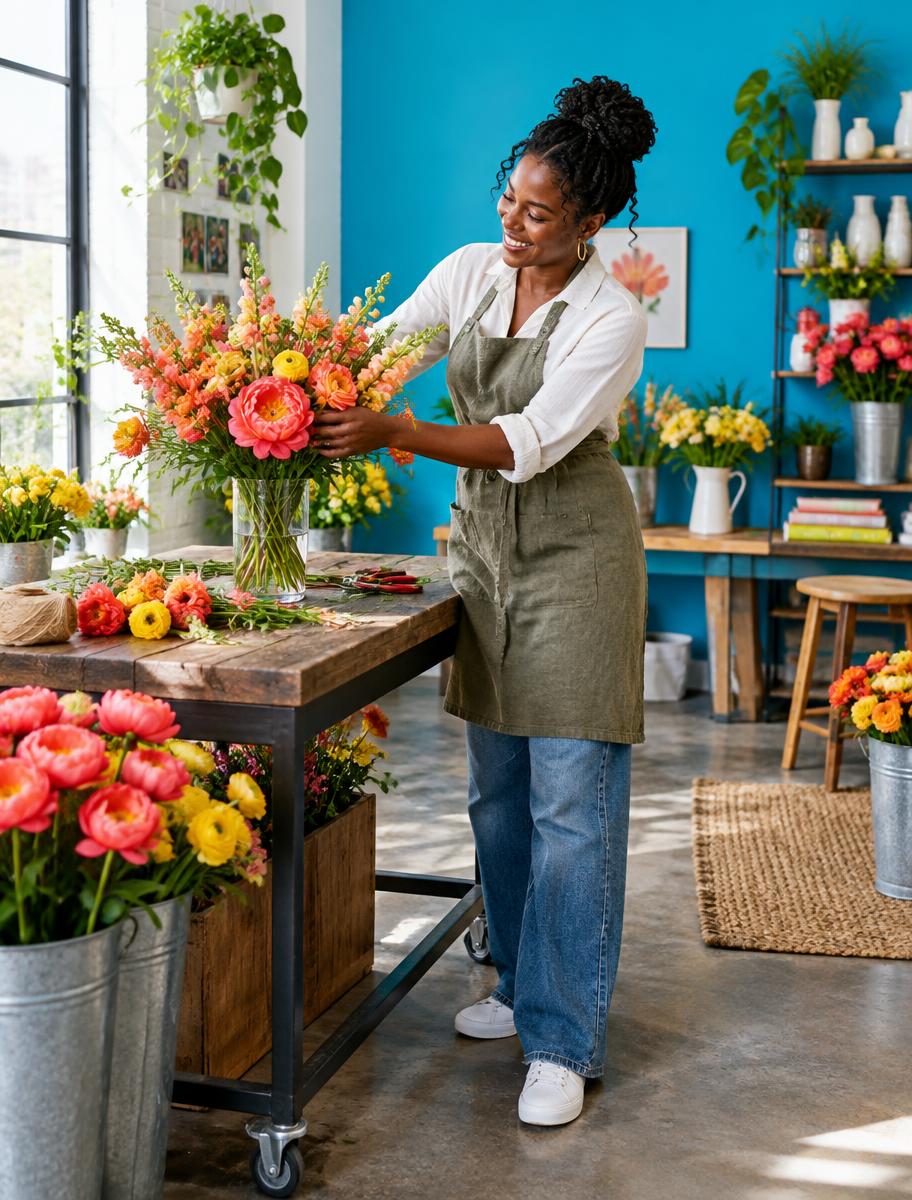 Florist arranging a colorful bouquet in her studio